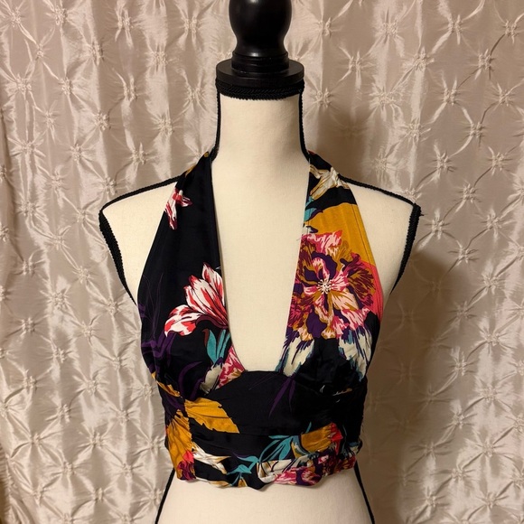 Free People Seraphina Floral Halter Top in Black Combo Multicolor Cropped Wrap - Picture 4 of 15